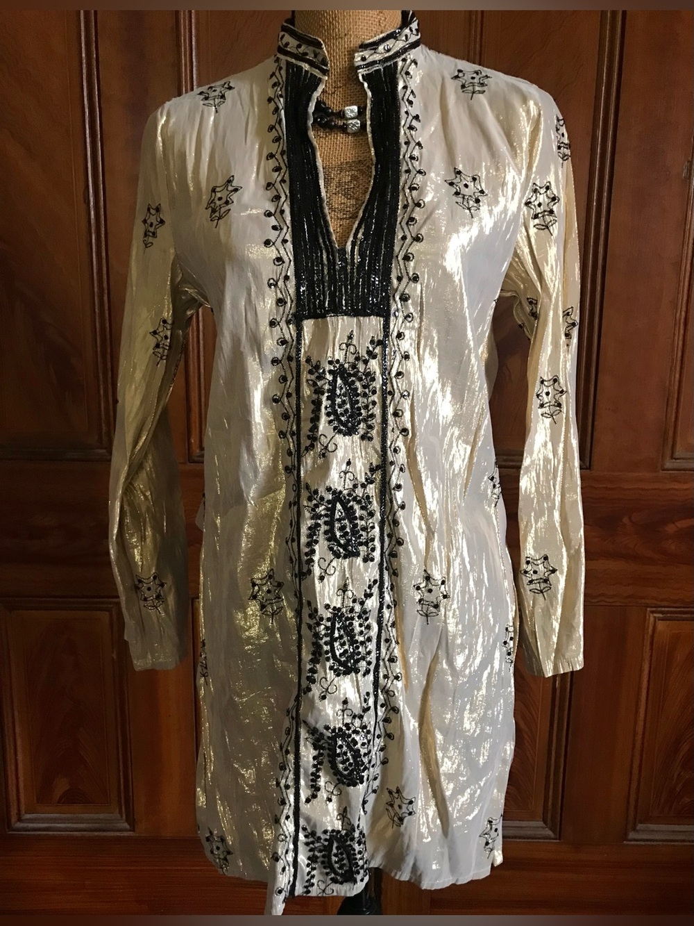 Vintage Boho Hippie Gypsy Golden Lame Metallic & Black Sequin Paisley Blouse Top